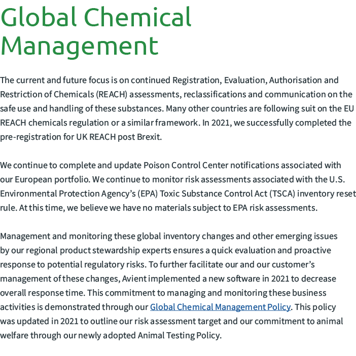 Global Chemical Management The current and future focus is on continued Registration, Evaluation, Authorisation and R...