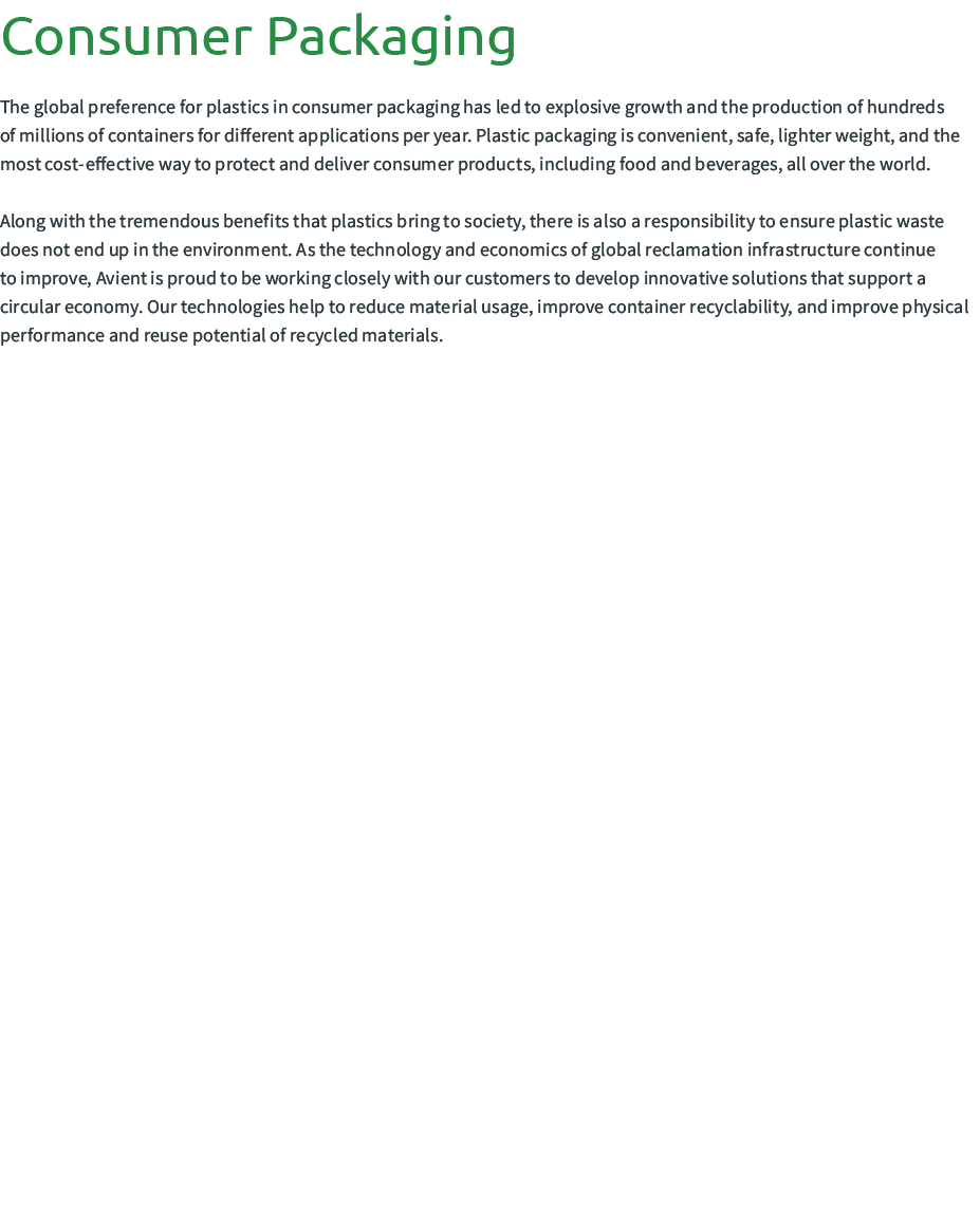 Consumer Packaging The global preference for plastics in consumer packaging has led to explosive growth and the prod...