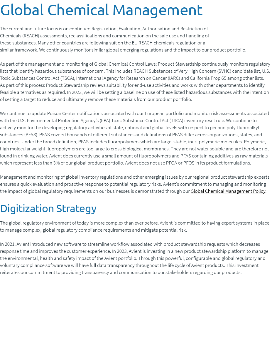 Global Chemical Management The current and future focus is on continued Registration, Evaluation, Authorisation and R...