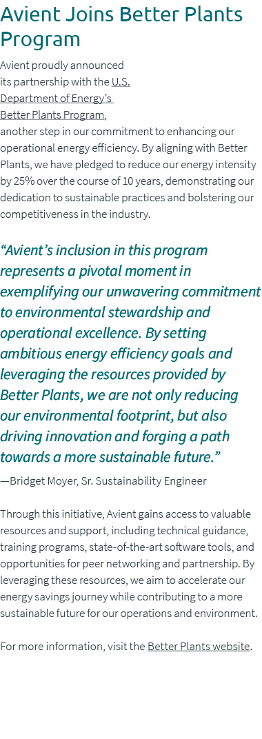 Avient Joins Better Plants Program Avient proudly announced its partnership with the U.S. Department of Energy’s Bett...